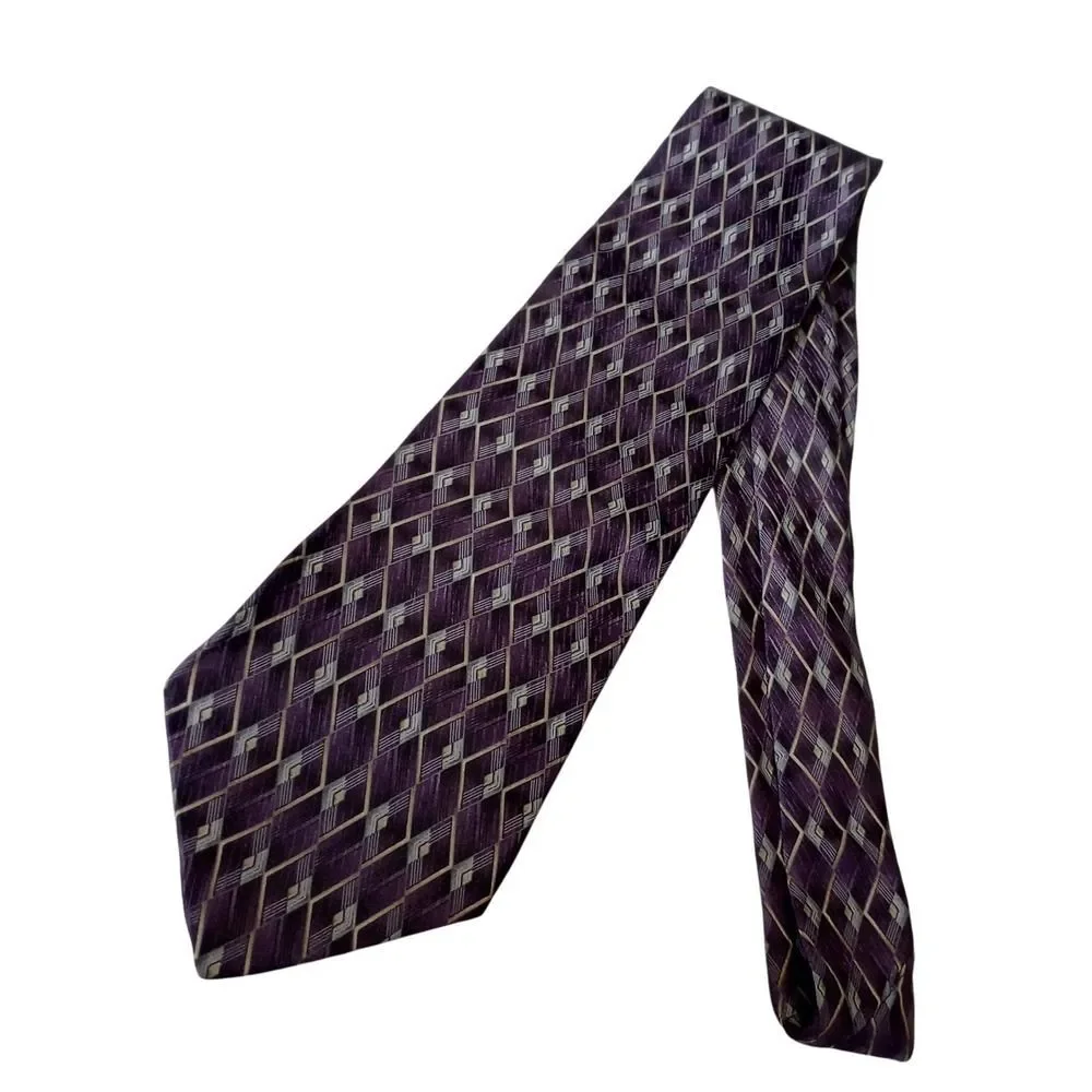 Stafford Mens Silk Necktie Purple Grey Black Geometric Diamond Pattern Tie